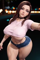 1girls 3d 3d_(artwork) abs ai ai_generated bare_legs bare_midriff big_ass big_breasts big_butt bokeh booty_shorts breasts brown_hair busty choker crop_top female jean_shorts long_hair miri_(oc) radnsad solo solo_female solo_focus thick_ass thick_legs thick_thighs toned toned_body toned_female underboob