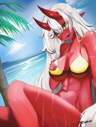 :d abs akumi beach bikini breasts cleavage day demon_girl fangs female fingernails hair_between_eyes horns large_breasts long_hair looking_at_viewer nail_polish navel ocean oni oni_horns open_mouth outdoors palm_tree red_oni red_skin sharp_fingernails sitting sky smile solo swimsuit tree vyugen white_hair yellow_eyes