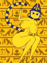 1girls ankha ass big_breasts blue_hair breasts egypt female furry furry_ears furry_female furry_tail hieroglyphics paws purple_eyes short_hair slim_waist striped_tail yellow_fur