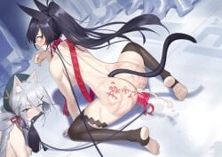 2girl animal_ears arknights ass bare_back blaze_(arknights) bound_together catgirl catgirls condom_belt female female_only functionally_nude leash_and_collar ningre_huahe nipple_piercing nipples nude object_in_mouth piercing sex_toy siblings sisters tail whip whip_marks xingzhu_(arknights)