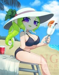 1girls bikini breasts cleavage female glass green_hair octoling octoling_girl splatoon splatoon_3 swimsuit thighs twitter_link wine_glass