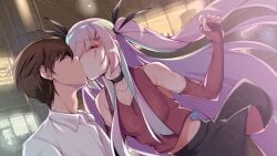 2boys choker closed_eyes clothed crossdressing femboy game_cg girls!_girls!_girls!? hayasaka_kaede kissing long_hair male male_only myosuki navel skirt tagme very_long_hair visual_novel