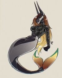 2025 acrador anthro anus breasts canid canine clothing fangs female fin genitals grey_body hair hi_res latex latex_clothing mammal mermaid_tail orange_hair pussy solo synth-crador teeth thalislixeon vulva white_body zora_kozma