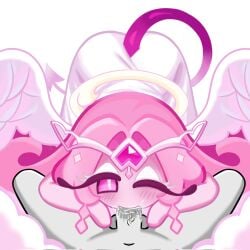 1:1 2026 animate_inanimate blush bodily_fluids clothing cloud colored cookie cookie_run cookie_run_kingdom digital_drawing_(artwork) digital_media_(artwork) duo eternal_sugar_cookie feathered_wings feathers fellatio fellatio_pov female food genitals grey_body hair halo head_accessory headgear hi_res humanoid imp_tail looking_at_viewer male male/female navel one_eye_closed oral penile penis penis_in_mouth pink_arms pink_hair pink_sclera pointed_tail purple_tail saliva saliva_on_penis sex simple_background somniscient tail white_background white_clothing white_wings wings wink