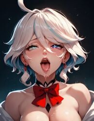 ahe_gao ai_generated blue_eyes blue_hair facial female furina hair_between_eyes open_mouth
