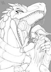allsonwa ambiguous_gender anthro anthro_only blood blood_in_mouth blood_on_clothing blood_on_face bodily_fluids carcharodontosaurid clothing dinosaur dominant dominant_anthro dominant_female duo english_text eyewear female female/ambiguous genitals giganotosaurus glasses grey_background grey_body hand_on_hip hi_res jara_(allsonwa) jewelry model_sheet necklace nervous open_mouth piercing prehistoric_species pussy red_sclera reptile saliva saliva_string scalie sharp_teeth simple_background solo_focus spikes spikes_(anatomy) standing tail_around_partner teeth text theropod tongue tongue_piercing topwear vore wearing_glasses white_body white_eyes