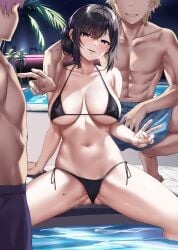 2boys absurdres ass_visible_through_thighs bikini black_bikini black_hair blonde_hair blue_eyes breasts collarbone commentary_request faceless faceless_male female fingernails gyaruo highres jack_dempa large_breasts looking_at_viewer male miyamae_shiho_(jack_dempa) mole mole_on_breast mole_on_thigh mole_under_eye multiple_boys multiple_moles navel night night_sky original outdoors pool pussy pussy_juice short_hair side-tie_bikini_bottom sidelocks sitting sky smile spread_legs star_(sky) straight swimsuit v water