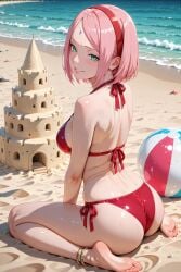 1girls ai_generated anklet artist_name ass ass_crack ass_focus back_muscles bare_back bare_shoulders bare_thighs barefoot beach beach_ball bent_over big_ass big_breasts bikini bikini_bottom bikini_top blush bob_cut boruto:_naruto_next_generations bottom_heavy breasts bubble_ass bubble_butt butt_crack cute facial_mark feet female female_only forehead_mark from_behind green_eyes grin hairband hand_on_hip hand_on_own_hip hisakao kneeling light-skinned_female light_skin looking_at_viewer looking_back looking_back_at_viewer milf muscles nai_diffusion naruto naruto_(series) nice_ass ocean outdoors palm_tree parted_bangs pinup pose posing posing_for_the_viewer presenting presenting_ass presenting_hindquarters rear_view red_hairband revealing_swimsuit sakura_haruno sand sand_castle sea seaside shiny shiny_hair shiny_skin short_hair skimpy skimpy_bikini smile thick_ass thighs