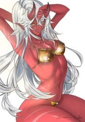 akumi armpits arms_up bikini breasts demon_girl female hair_between_eyes horns long_hair looking_at_viewer navel pointy_ears red_skin signature solo swimsuit vyugen white_background white_hair yellow_eyes