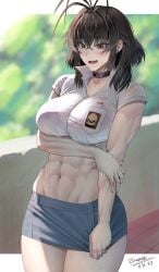 1girls abs artist_request athletic athletic_female black_hair blush bra brown_eyes choker ear_piercing female female_focus female_only fit fit_female lace lace-trimmed_bra lace_trim midriff midriff_baring_shirt muscular muscular_female open_mouth original original_character pink_bra pulling_clothing see-through see-through_clothing short_skirt shoulder_length_hair skirt skirt_pull smile tagme_(artist) thick_thighs tugging tugging_clothing very_short_skirt wet_clothing wolf_cut zaenathi zaenathia6
