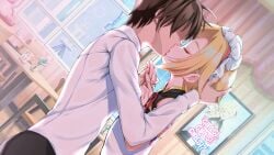 2boys ayase_yuzu blonde_hair clothed crossdressing dress femboy game_cg girls!_girls!_girls!? hand_behind_head hand_holding kissing male male_only myosuki short_hair tagme visual_novel