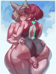 1futa 1girls big_veins bumpy_penis canon canon_couple cat_ears fat_ass female fully_clothed futa_with_female futanari grabbing_hips huge_ass huge_cock leotard mawiedz nia nia_(xenoblade) penis penis_between_thighs pyra sweat thick_thighs thigh_sex wide_hips xenoblade_(series) xenoblade_chronicles_2
