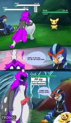 absurd_res animal_genitalia animal_penis beaten_up canine_genitalia canine_penis cloaca comic english_text erection fan_character female froogg gameplay_mechanics generation_2_pokemon generation_9_pokemon genitals gui hakir_the_decidueye health_bar hi_res male nintendo penis pichu pokemon pokemon_(species) quaquaval scared_face sequence smug_face text