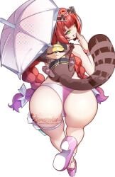 1girls ass braid clenched_teeth eyewear_on_head female from_behind glasses green_eyes grin heart heart-shaped_eyewear heart-shaped_glasses heart_glasses highres holding holding_umbrella hotvr kama_(zenless_zone_zero) long_hair looking_at_viewer looking_back official_alternate_costume pink_sandals raccoon_tail sandals simple_background smile solo subscribestar_username sunglasses tail tanuki teeth twin_braids ukinami_yuzuha ukinami_yuzuha_(tanuki_in_broad_daylight) umbrella white_background zenless_zone_zero
