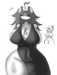 2girls big_breasts black_dress breasts breasts_bigger_than_head dress female female_focus female_only fundamental_paper_education inner_sideboob miss_thavel_(fundamental_paper_education) mysticflouru_(artist) sideboob thick_thighs thighs wide_hips