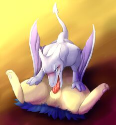 69_position aerodactyl animal_genitalia anonymous_artist blush duo faceless_male fellatio female male nintendo oral pokemon pokemon_(species) saliva sex sheath spread_legs spreading straight tongue typhlosion video_games wings