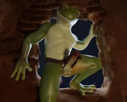 3d_(artwork) 5:4 amphibian anthro balls bottomwear cloth clothing digital_media_(artwork) frog genitals green_body hi_res humanoid loincloth male no-name-no-problem penis smile solo