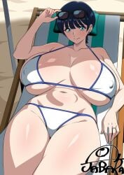 belly belly_button big_breasts bikini blue_eyes blush breasts ear_piercing female green_eyes gundam gundam_gquuuuuux huge_breasts jabara_tornado looking_at_viewer milf mommy mother nipple_bulge nipples perky_nipples relaxing ring shade shiny_skin short_hair smile smiling_at_viewer sunglasses sunglasses_on_head swimsuit tamaki_yuzuriha thick_thighs