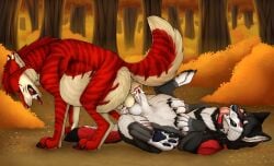 anal anal_sex angel_(velvetvlade) balls belly belly_inflation black_body black_fur bodily_fluids canid canine closed_eyes cum cum_in_ass cum_inside cum_on_own_penis cum_on_own_sheath cum_on_penis cum_on_self duo felid feral feral_on_feral feral_penetrated feral_penetrating feral_penetrating_feral forest fur genital_fluids genitals grey_body grey_fur hair hi_res inflation inflation killthe_demon knotting lying male male/male male_penetrated male_penetrating male_penetrating_male mammal markings mutual_anal_penetration mutual_knotting mutual_penetration on_back outside penetration penile penile_penetration penis penis_in_ass plant red_body red_fur red_hair red_penis sex shrub side_view striped_back striped_legs striped_markings striped_neck striped_tail stripes tail tail_markings tan_balls tan_body tan_fur tree white_balls white_body white_fur yipsky