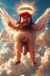 ai_generated bare chest, clouds, female gates golden heaven, her huge inside large male male_only mans mary, nipples, on open, penis pussy robe sitting vagina, virgin