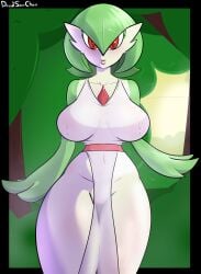 big_breasts black_border blush border breasts chest_spike clothing davidsanchan dress eyelashes female front_view gardevoir generation_3_pokemon genitals green_body green_hair hair hi_res humanoid looking_at_viewer navel_outline nintendo orange_eyes pokemon pokemon_(species) pussy short_hair solo spikes spikes_(anatomy) thick_thighs thigh_gap translucent translucent_clothing translucent_dress vulva white_body white_clothing white_dress wide_hips