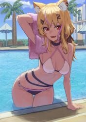:d animal_ear_fluff animal_ears arm_support bikini black_choker blonde_hair blue_sky breasts cloud day female hair_between_eyes hair_ornament hairclip long_hair looking_at_viewer medium_breasts navel open_mouth outdoors palm_tree pool poolside red_eyes sky smile solo squchan_(vtuber) standing swimsuit towel tree virtual_youtuber vyugen water white_bikini