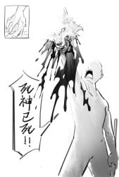 5_fingers ambiguous_gender anon anthro blood blood_drip blood_from_head bodily_fluids canid canine canis casual_nudity death_(puss_in_boots) decapitation dialogue dreamworks dripping duo execution eyeless fangs fingers fur fuzzy gore holding_object holding_severed_head holding_weapon human laonarou low-angle_view male male_(lore) mammal monochrome nails open_mouth puss_in_boots_(franchise) raised_arm severed_body_part severed_head simple_background speech_bubble standing teeth text translated violence weapon white_background wolf