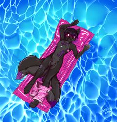 2016 2_tails animal_genitalia anthro antiroo armpits balls black_fur black_hair canine clothing dipstick_tail eyewear floating fur hair highlights male male_only mammal multi_tail multicolored_tail purple_highlights relaxing sheath solo sunglasses swimming_pool swimming_trunks swimsuit tattoo water