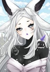 animal_ear_fluff animal_ears blush breasts dya_rikku_(vtuber) female fox_ears large_breasts long_hair looking_at_viewer outdoors solo upper_body vyugen white_hair