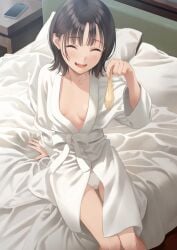 after_sex bed bed_sheet black_hair cellphone commentary_request condom female from_above highres holding holding_condom indoors medium_hair momikyo67528 on_bed open_mouth original panties phone pillow sitting smartphone solo teeth thighs tongue underwear upper_teeth_only used_condom white_panties