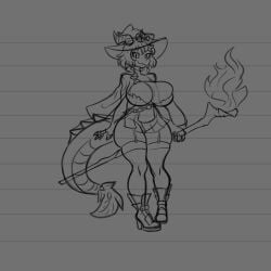 arsfromnowhere_(artist) big_breasts breasts curvy dargon dragon_girl female furry gigantic_breasts horns huge_breasts monochrome monster_girl sketch tail thick wide_hips witch witch_hat wizard wizard_hat