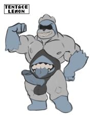 absurd_res balls belly big_belly black_balls blue_penis blue_tongue clothed clothing deltarune father_(lore) genitals grey_body hi_res humanoid king king_spade lemonismonster male muscular parent_(lore) penis royalty smiley_face solo solo_focus teeth tongue tongue_out topwear undertale undertale_(series)