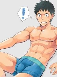 ! !! 1boy abs arm_support ass bara black_eyes black_hair blush boxers bulge chest clenched_teeth cowboy_shot grey_background looking_at_viewer lying male_focus male_underwear muscle navel nipples shorts simple_background solo spoken_exclamation_mark surprised sweatdrop teeth thighs underwear