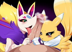 <3_eyes anthro black_sclera blush breasts canine collaborative_fellatio crossover crying digimon digiphilia erection fellatio female first_person_view fox green_sclera group heart human human_on_anthro kyubi_(yo-kai_watch) licking looking_at_viewer male male_human/female_anthro male_human/female_digimon male_on_anthro male_pov mammal nude open_mouth oral penis penis_lick precum renamon rule_63 saliva sex simple_background straight tears teddy_jack tongue tongue_out unseen_male_face video_games yo-kai_watch