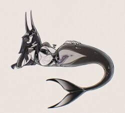 2025 acrador anthro anus bikini breasts brown_body canid canine clothing curvy_figure fin futanari genitals hair intersex latex latex_bikini latex_clothing mammal mermaid_tail morana_nemesa penis purple_hair solo swimwear synth-crador thalislixeon two-piece_swimsuit white_body
