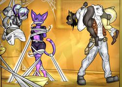 1boy 4girls anthro anubian_jackal arms_behind_back bear bondage feline femsub gag ice_(paul) kaylene kebechet leandre maledom multiple_girls multiple_subs shark spider_web tori_(drpossibly) tori_atlis web zinnick