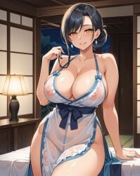 1girls ai_generated apron big_breasts blus blush breasts cleavage dark_hair earrings female gold_eyes huge_breasts inviting mature_female milf mira_sawakura_(oc) night nipples nipples_visible_through_clothing no_bra no_panties oc original seductive see-through see-through_clothing smile thick_ass thick_thighs