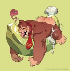 anthro ape arts_of_indiego ass banana big_butt bodily_fluids brown_body brown_fur cum cum_inside donkey_kong donkey_kong_(character) donkey_kong_(dkbananza) donkey_kong_(series) donkey_kong_bananza ejaculation food fruit fur genital_fluids gorilla haplorhine heart_symbol hi_res kong male male_only mammal monkey necktie nintendo nude orgasm orgasm_face plant primate sex_toy simple_background sole_male solo solo_focus solo_male yellow_background