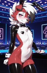 1girls 2026 ai_generated anthro blushing bunnysuit canine club fake_animal_ears female female_only flat_chest generation_7_pokemon half-closed_eyes heart_pasties hi_res indoors innie_pussy lycanroc midnight_lycanroc neon_lights nintendo pasties pink_eyes pokemon pokemon_(species) pussy red_fur reverse_bunnysuit shy shy_smile smile thighhighs white_fur white_hair zonoya_(artist)