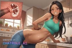 1girl ai_assisted ai_generated black_hair blushing brown_eyes cervix_penetration cg cum_inside_pussy cumflation cute_expression dark_skinned_female dynamic_angle green_crop_top horse_penis inside jeans kitchen long_hair midriff nude official_art perfect_pussy rape simple_background skinny tongue_out xray_view