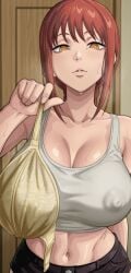 1girls ai_generated big_breasts bra chainsaw_man curvy curvy_body curvy_female curvy_figure female female_only huge_breasts kyoru189 large_breasts light-skinned_female light_skin looking_at_viewer makima_(chainsaw_man) mature_female nipple_bulge nipples red_hair ringed_eyes seductive seductive_look shiny shiny_skin solo solo_female sweat sweaty tank_top yellow_eyes