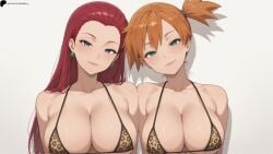 2girls ai_generated animal_print armpit_crease arms_at_sides bangs bare_shoulders bikini blue_eyes breasts cleavage closed_mouth collarbone earrings hair_tie head_tilt hi_res high_quality high_resolution highres jessie_(pokemon) large_breasts leopard_print leopard_print_bikini light light_smile lips looking_at_viewer misty_(pokemon) nintendo nose opal_nemy orange_hair patreon_logo patreon_url patreon_username plain_background pokemon pokemon_trainer purple_hair self_upload shadow shiny shiny_hair shiny_skin short_hair side-by-side simple_background swimsuit upper_body wallpaper watermark white_background