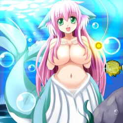 1girls blush breasts bubbles female_focus female_only fish green_eyes hair_covering_nipples large_breasts long_hair mermaid miru open_mouth open_smile original_character pink_hair smiling smiling_at_viewer solo solo_female underwater water
