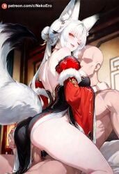 1boy 1girls ai_generated back_view embrace fox_ears fox_girl fox_tail hsin_(wuthering_waves) large_breasts naughty_face older_female penetration penis pussy saliva thick_thighs upright_straddle white_hair wuthering_waves