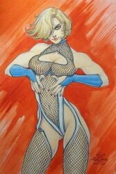 1girls big_breasts blonde_hair breasts dc_comics female mesh nipples nipples_visible_through_clothing power_girl solo traditional_media_(artwork) zoe_lacchei