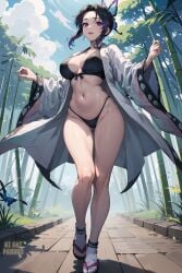 1girls ai_art_panwho ai_generated bamboo big_breasts bikini black_bikini black_hair breasts butterfly_hair_ornament curvaceous curvy_female curvy_figure demon_slayer female_focus female_only kimetsu_no_yaiba kochou_shinobu large_breasts looking_at_viewer mature_female open_clothes open_mouth purple_eyes purple_hair purple_highlights sandals socks solo solo_focus stable_diffusion