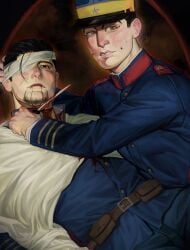 2boys absurdres bandage_over_one_eye black_hair blood blood_from_mouth commentary english_commentary facial_hair goatee golden_kamuy grabbing_another's_head guro hair_slicked_back hat highres holding holding_knife imperial_japanese_army kepi knife long_sleeves male_focus military_hat military_uniform multiple_boys ogata_hyakunosuke one_eye_covered radruiner scar scar_on_cheek scar_on_face short_hair slit_throat usami_tokishige
