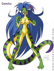 2004 blue_hair breasts chalo female gecko geecku green_skin hair happy las_lindas lizard long_tail pussy reptile scalie stripes yellow_eyes yellow_skin