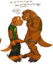 2017 anthro blush camo comparing comparing_penis dinosaur dj_mixer_(character) english_text erection father_and_son furry green_shirt highres humanoid_penis incest male muscular open_pants orange_penis orf penis speech_bubble text uncut underwear undressing yaoi