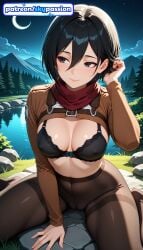 1girls 2026 ai_assisted ai_generated anime attack_on_titan black_bra bra bush cloud fireflies hi_res high_quality high_resolution highres mikasa_ackerman night night_sky outdoors pantyhose patreon patreon_username scarf shingeki_no_kyojin short_hair sky skypassion smile solo stable_diffusion thighband_pantyhose underwear watermark